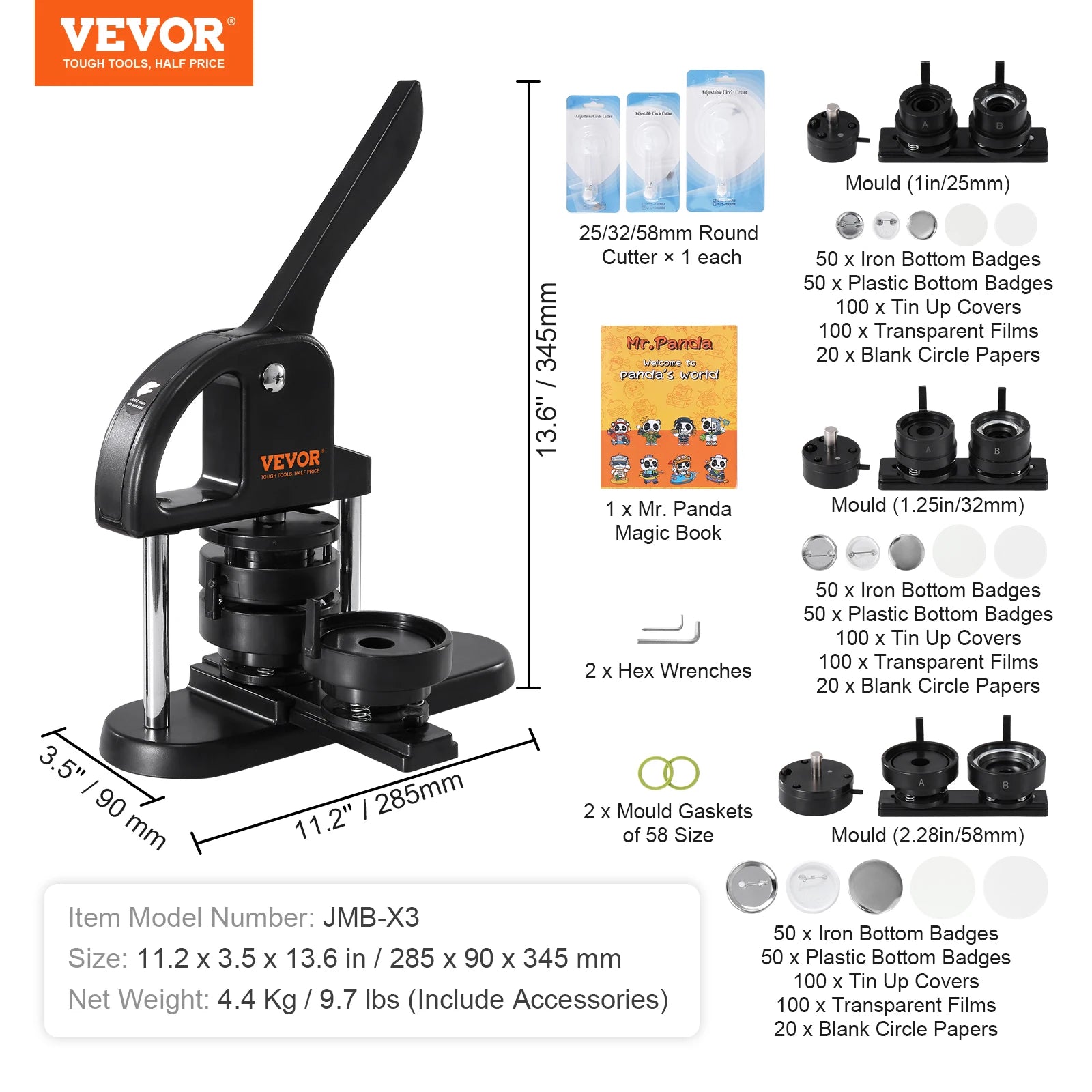 SucceBuy Button Maker 25/32/58 Pin Maker with Button Parts Ergonomic Arc Handle Punch Press Kit Button Maker Machine