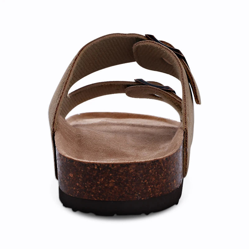 Evshine Leather Cork Footed Clogs Sandals For Women Fashion Flat Mules Slippers with Arch Support Men Double Buckle Cork Slides