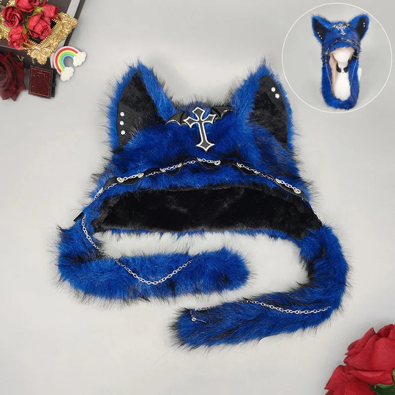 Gothic Plush Cat Ear Beanie – Y2K Punk Warm Cap