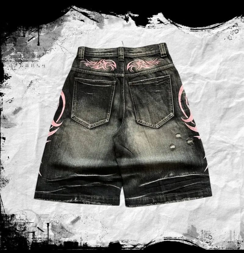 Y2K Dark Wash Wide Leg Jeans with Pink Flame Embroidery