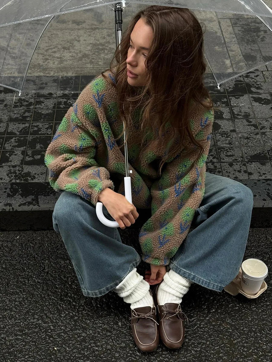 TARUXY Fleece Printing Sweatshirt Women's Half-Zip Sweatshirt Fleece Loose Turtleneck Pullover Female Winter Leisure Sweatshirt