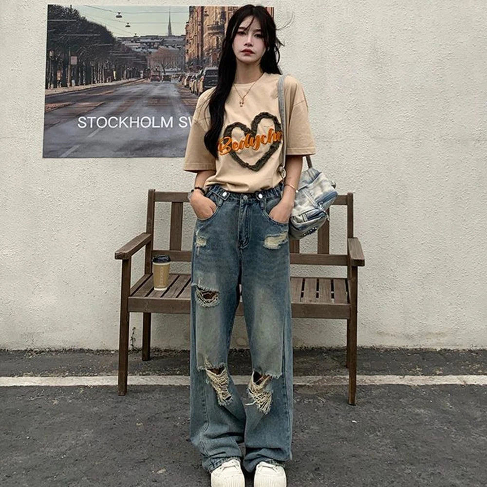 American Retro Hole-Punched Wide Leg Jeans for Women