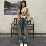 American Retro Hole-Punched Wide Leg Jeans for Women