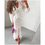 Women Elegant Printed V-neck Dress Chic Lapel Waist Cinched Pleated High Waisted Dresses 2026 Summer New Lady Vacation Gowns