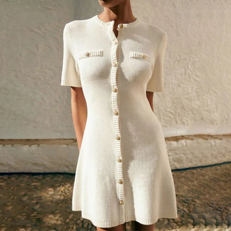Elegant Metal Button Ribbed Mini Dress