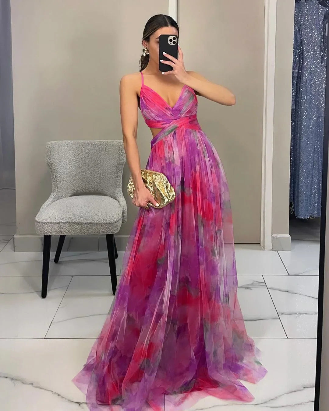 Off-Shoulder Lace Print Halter Maxi
