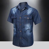 Vintage Street Denim Shirts For Men Male Summer Solid Shirt Short Sleeve Pocket Turn Down Button Shirt Hemden FüR MäNner