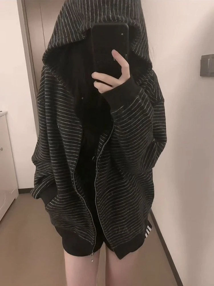 Y2K Vintage Zipper Hoodie Women Long Sleeve Subculture Purple Stripe Priint Harajuku Style Autumn Spting Casual Tops Streetwear