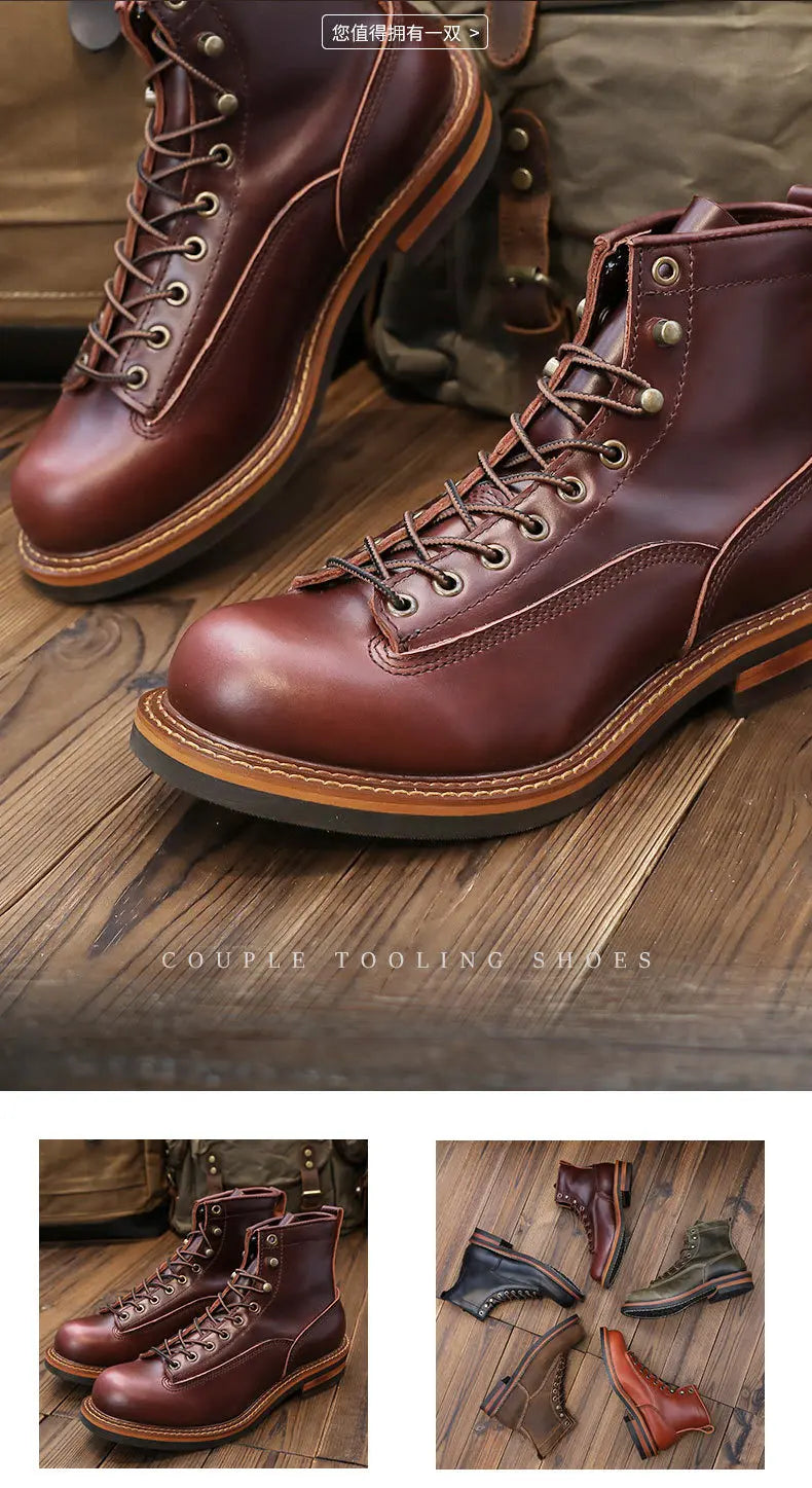 KOWM Hiking shoes men's walking boots British cowhide high top motorcycle boots ankle casual sneakers trekking shoes thick soled