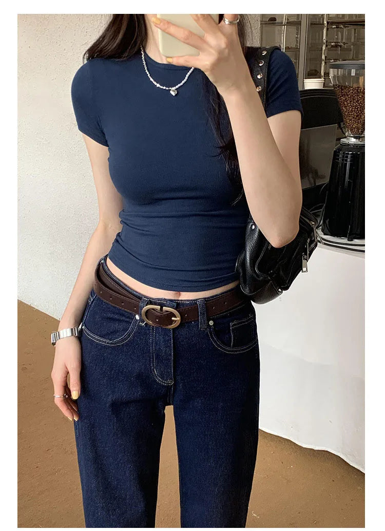 Y2K Vintage Slim Fit Crop Top - Solid Crewneck Short Sleeve Tee