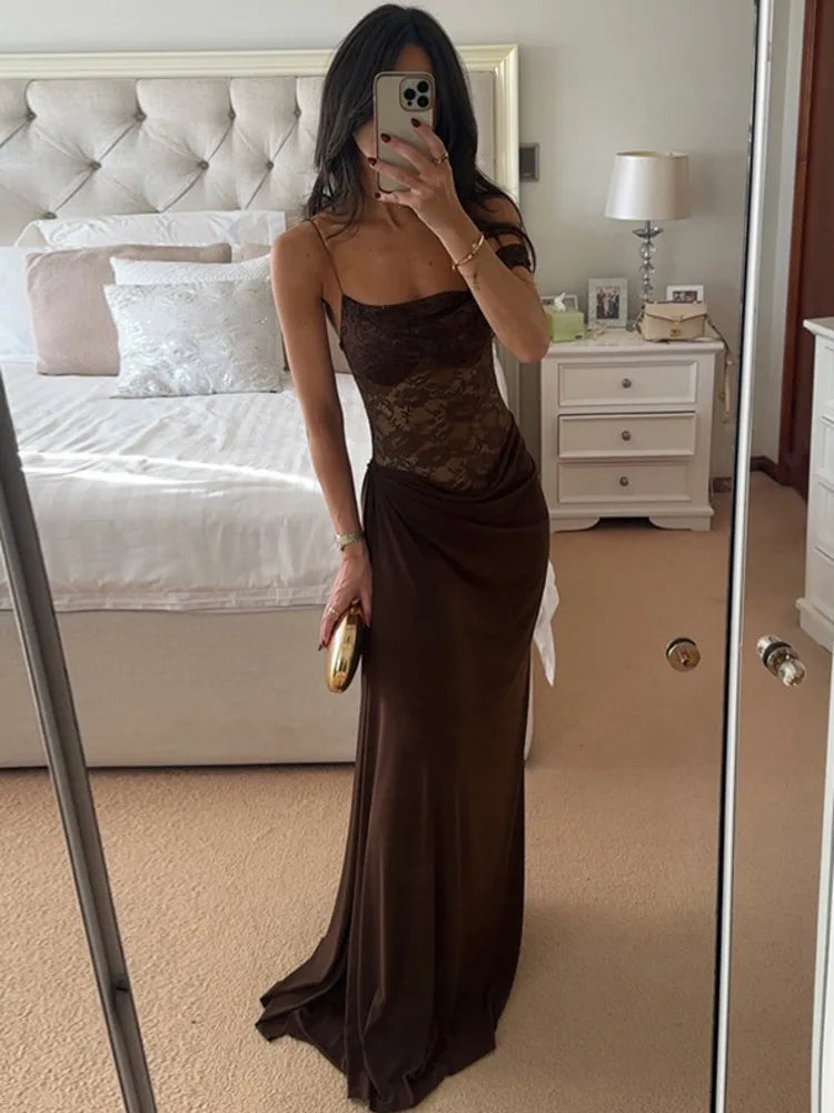 One-Shoulder Lace Gown – Sleeveless Backless Maxi Club Dress