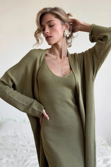 Hirsionsan Soft Loose Sets Women Two Pieces Long Sleeve Cardigan & Vest Dresses Elegant Female Hollow Outfits Cotton Tracksuit