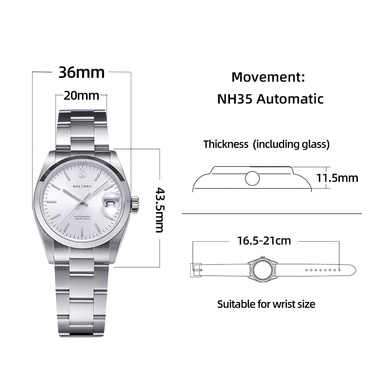 Baltany 36mm Perpetual Date Watch S4095 Sunray Dial 100M Waterproof Stainless Steel Bracelet NH35 Luxury Automatic Watch for Men