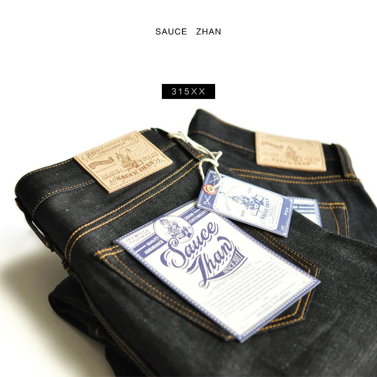 SauceZhan 315XX Taper  fit Selvedge denim Jeans for men  Denim Jeans Unwashed BLUE Jeans 14.5 Oz Motorcycle Jeans