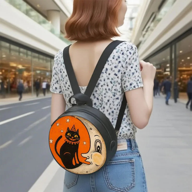 Women Orange White Cat Moon Round Crossbody Bag, Soft Light Zipper Shoulder Bag, Trendy Handbag for Work Shopping Travel
