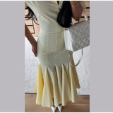 Women Fashion Solid Dress V-neck Ruffles Hem Short Sleeves Waist-cinching Draped Empire Dresses Summer Chic Elegant Summer Gown