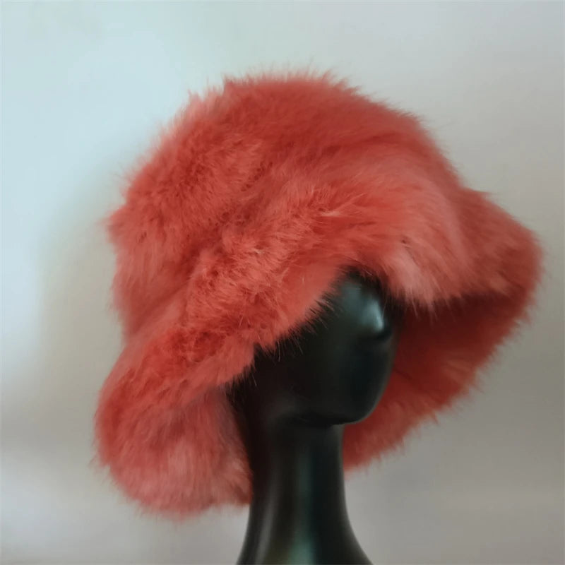 1pcs Winter Faux Fur Bucket Hat Warm Fluffy Plush colorful soft Winter hat Personality fur Fisherman Hats for women Plush hat겨