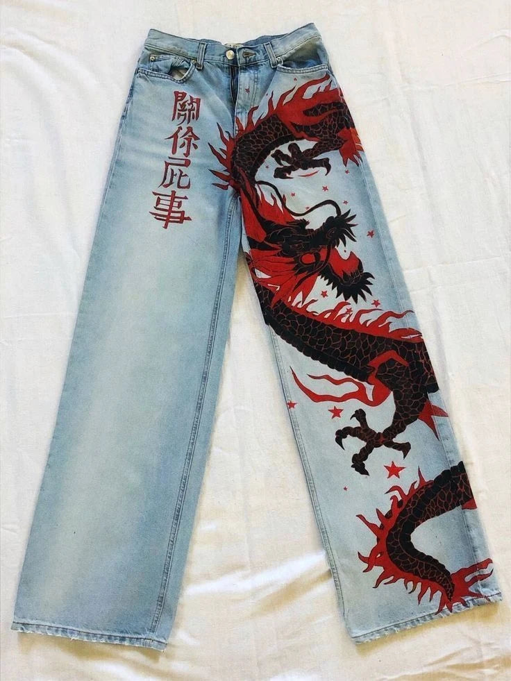 Harajuku Dragon & Snake Embroidered Wide-Leg Jeans