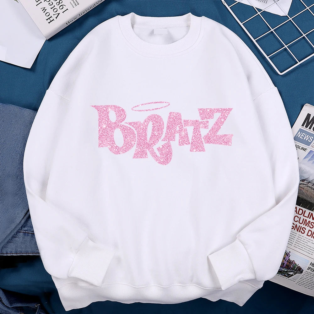 Pink Cartoon Letters Bratz Print Sweatshirts Mens Casual Fleece Clothes Creativity Warm Hoodie Autumn Loose Streetwear Pullover