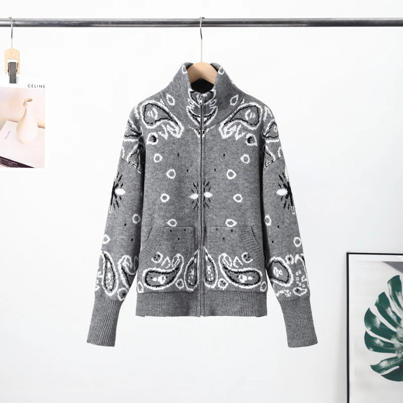 Vintage-Style Printed Knit Cardigan