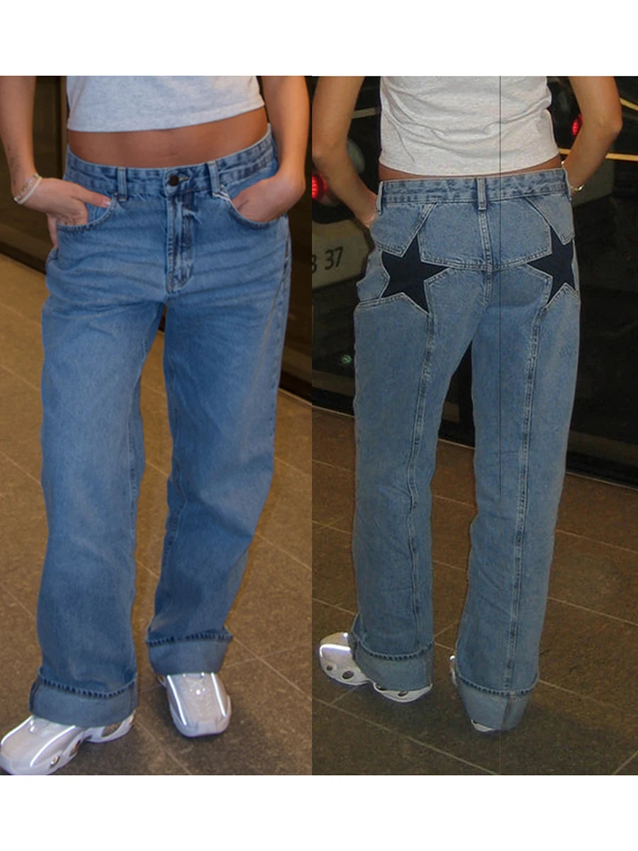 Women's Y2K Star Print Low-Rise Straight-Leg Jeans