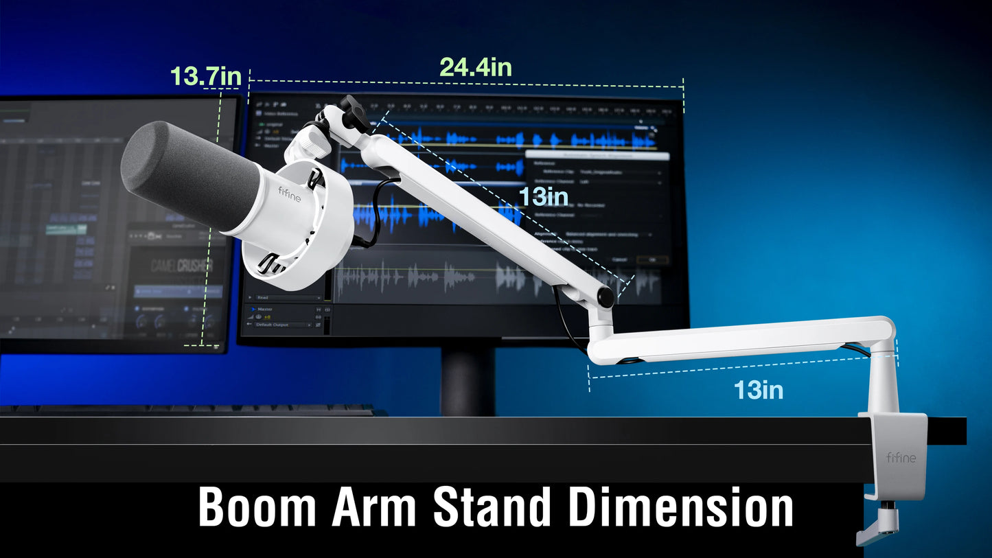 FIFINE Microphone Boom Arm, Adjustable Low Profile Mic Arm with Desk Mount Clamp,Cable Storage for Streaming Gaming-White BM88W