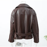 Women's Dark Red Zipper Leather Short Jackets Chic Long Sleeve Lace Up Lapel Loose Button Coat Lady Daily High Street Wear 2025