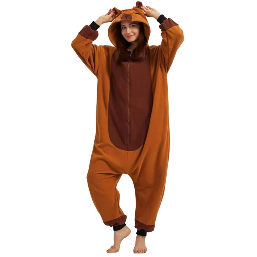 Kigurumi Capybara Onesies Adults One-Piece Sleep Suits Women Men Flannel Cartoon Animal Pajamas Halloween Performance Onesie