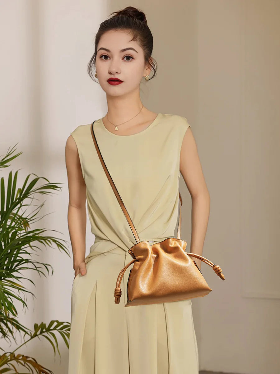 Autumn and Winter Classic Flamenco Fashion Lucky Bag Cloud Bag Genuine Leather Drawstring Shoulder Crossbody Bucket Bag for Wome