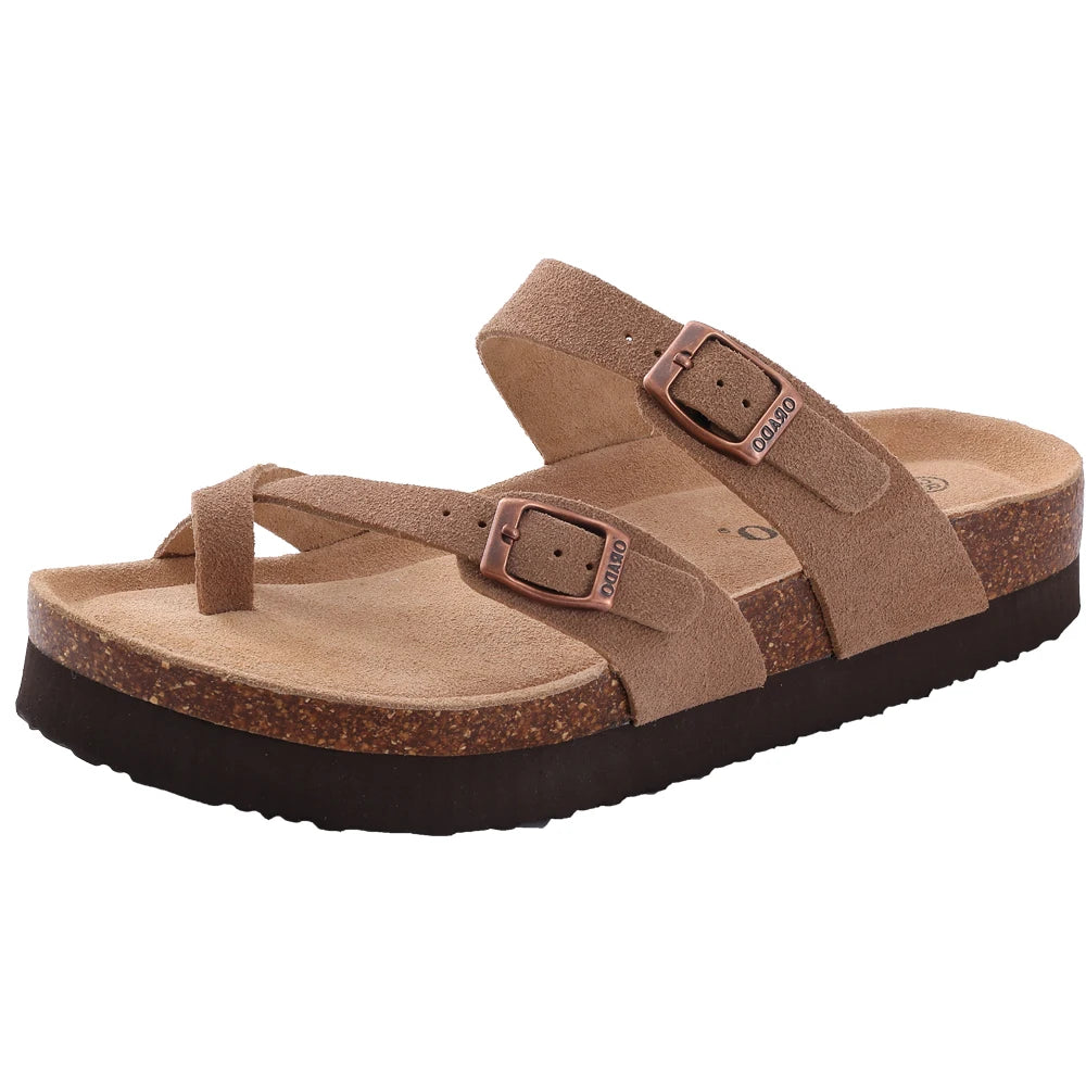 Comwarm Men's Cork Footbed Slides Sandals Arch Support Summer Outdoor Sandals with Adjustable Buckle Leisure Men Leather Slides