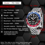 PAGANI DESIGN PD-1662 Luxury GMT Men Mechanical Wristwatch Sapphire Glass Stainless Steel 100M Waterproof Automatic Watches