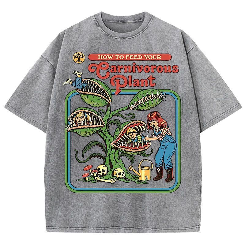 Earnivorous Plant Pattern Washed T-Shirts Men Breathable Cotton Casual T Shirt Soft Summer Comfortable Crewneck Short Sleeve