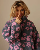 Zekye Women's Sweatshirt Flower Fleece Half Zipper Lapel Sweater Thickened with Lining Winter Clothes Woman Y2k Clothes