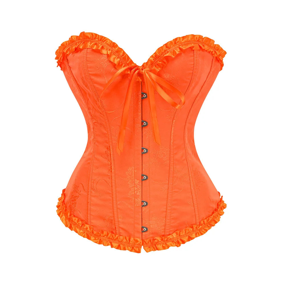USA-Made Jacquard Ruffled Overbust Corset – Gothic Victorian Push-Up Bustier