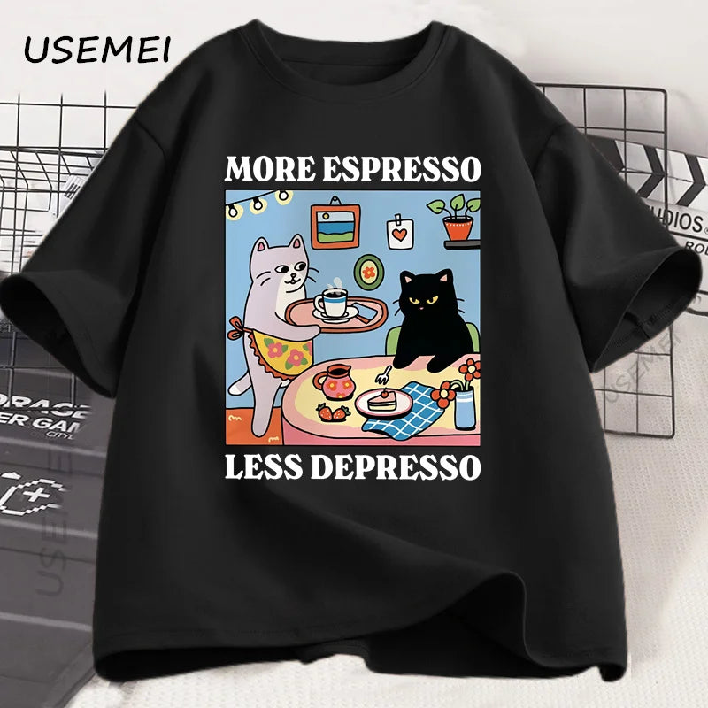 More Espresso Less Depresso Black Cat T-shirt Men Women Funny Coffee Cat T Shirt Casual Summer Cotton Short Sleeve Tshirt Tops