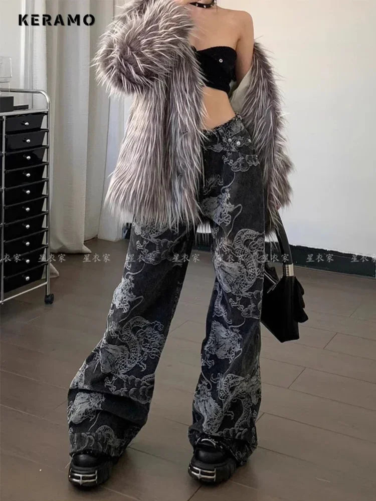 Y2K Dragon Print Baggy High-Waist Denim Jeans for Women