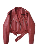 Ailegogo Spring Autumn Women Faux Pu Leather Short Jacket with Belt Motorcycle Biker Female Zipper Lapel Loose Coat Outwear