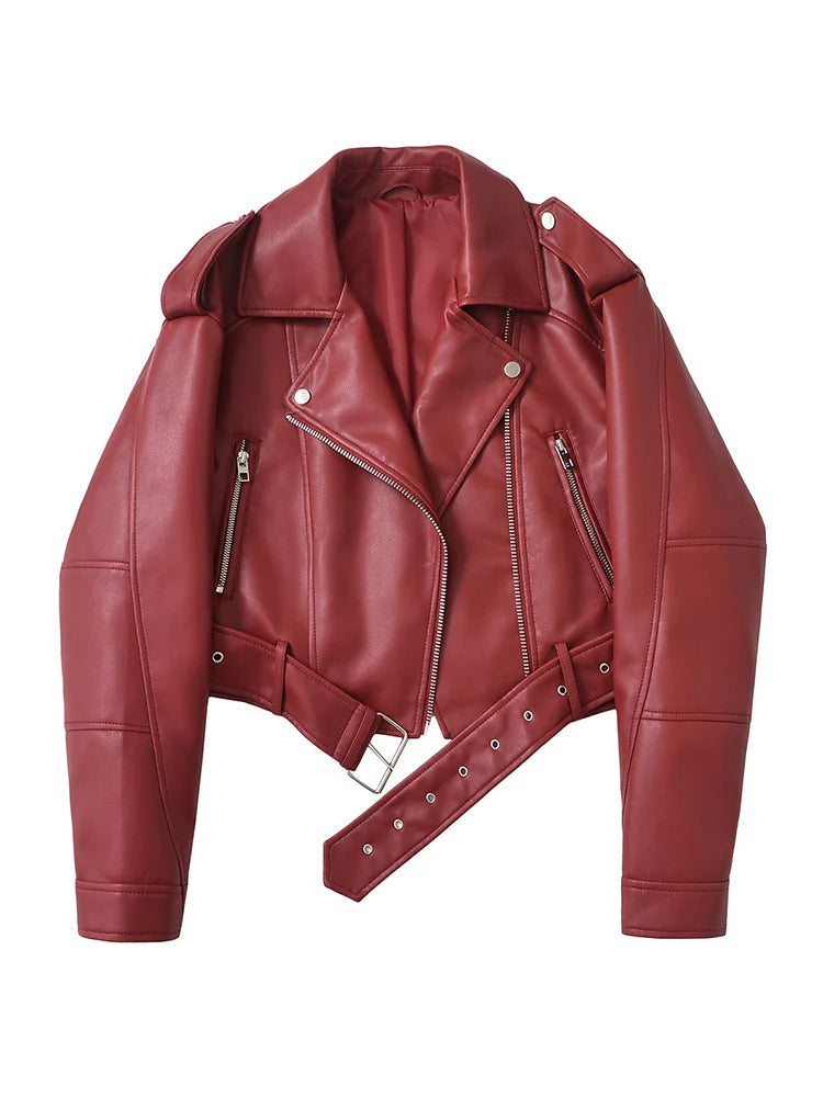 Ailegogo Spring Autumn Women Faux Pu Leather Short Jacket with Belt Motorcycle Biker Female Zipper Lapel Loose Coat Outwear