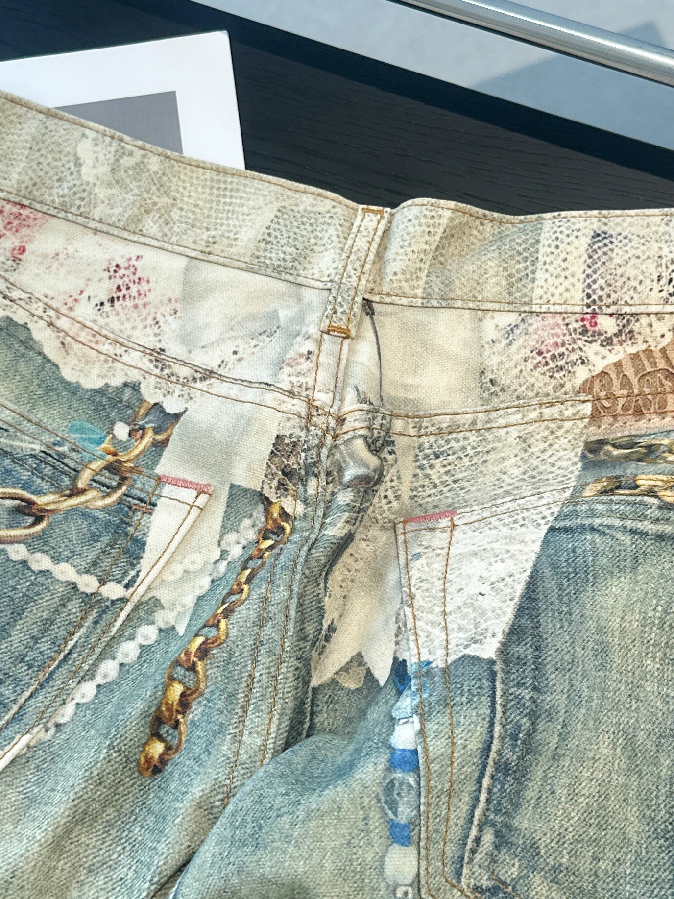 3D Pearl Chain Trompe L'Oeil Straight-Leg Jeans