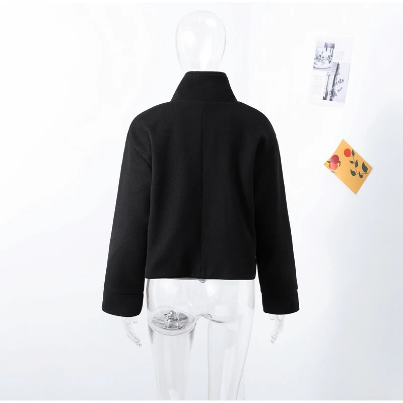 Fashion Short Woolen Coat Women Stand Collar Single-breast Full Sleeve Loose Pocket Jacket Female 2026 Autumn Solid Lady Outwear