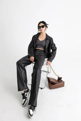 Women's High Waist Faux Leather Wide Leg Fleece Pants