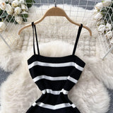Korean Sweet Hit Color Patchwork Striped Spaghetti Strap Dress and V Neck Long Sleeve Cardigans 2 Pieces Sets