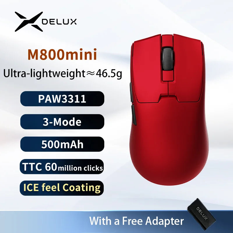 Delux M800mini Wireless Gaming Mouse, 46g Lightweight,PAW3311,1KHz Polling Rate Recharge Mice for Small to Medium Hand PC Gamer