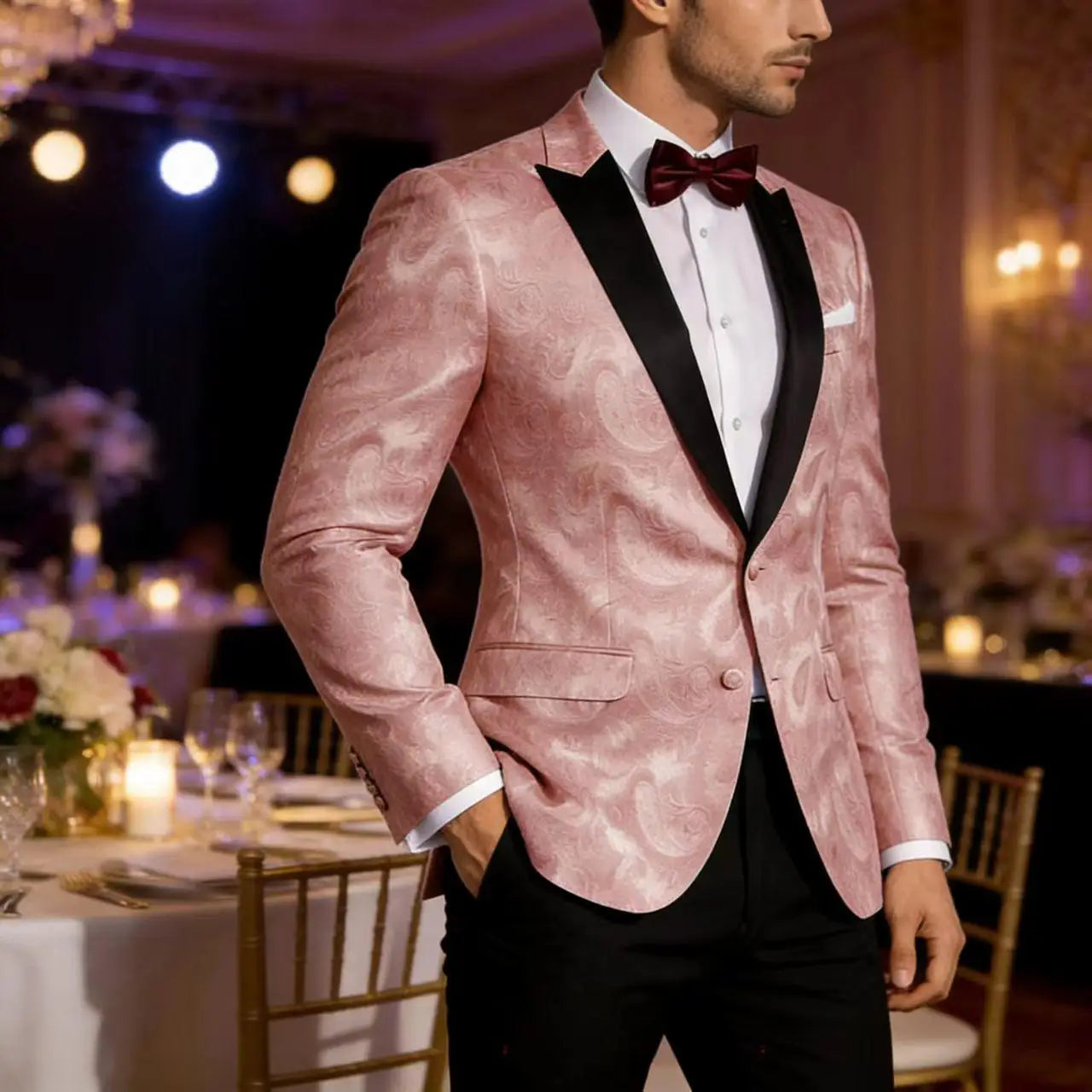 Men's Pink Paisley Tuxedo Blazer — Black Satin Lapel Formal Jacket