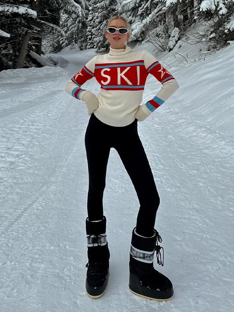 Women’s Retro Ski Print Turtleneck Sweater