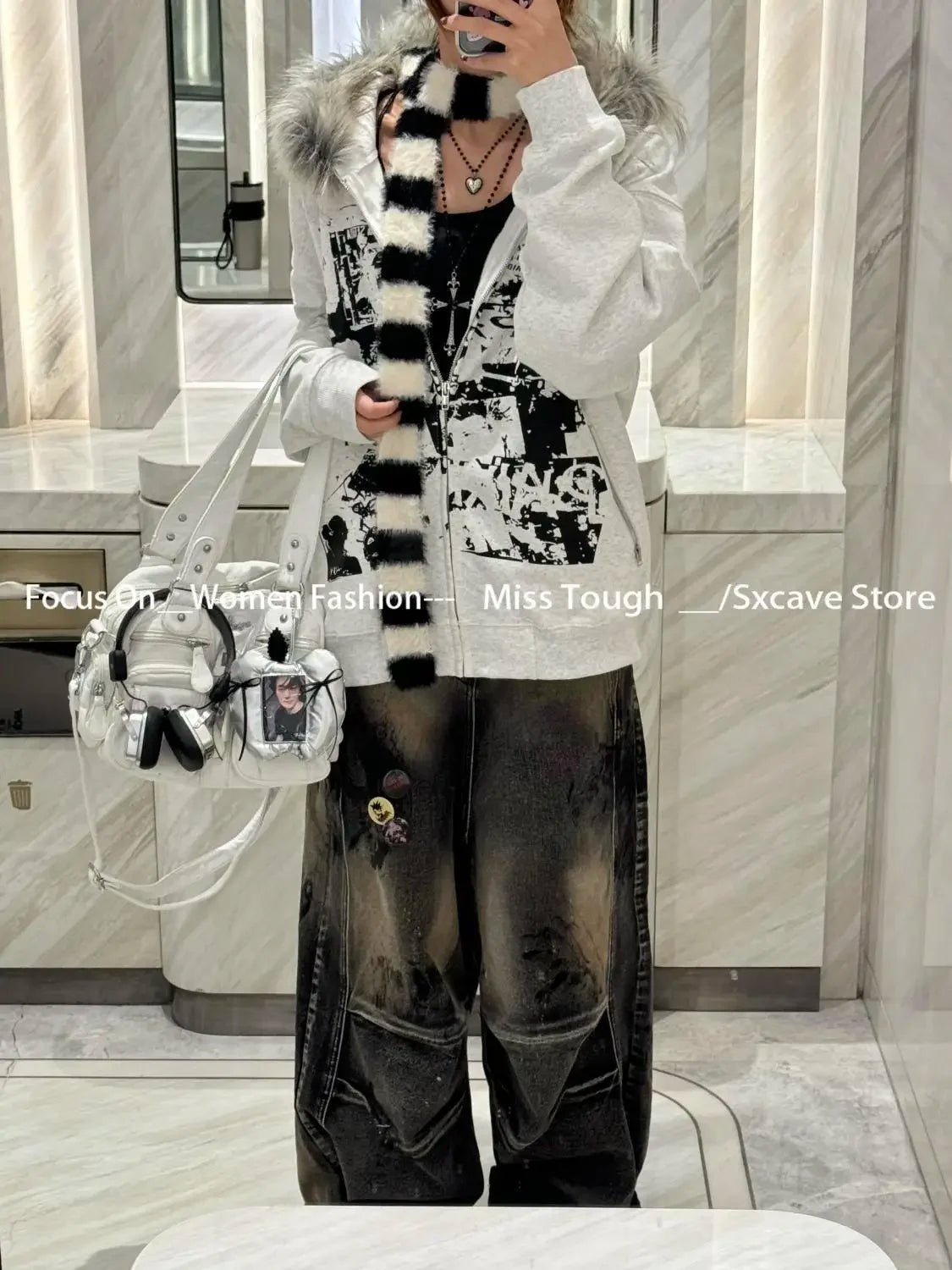 Korean Fashion Sweatshirts Harajuku Gothic Printed Coats Jackets Subculture Vintage Faux Fur Hooded Women Casual Y2k Clothing