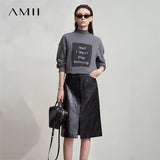 AMII Minimalist PU Leather Skirt for Women