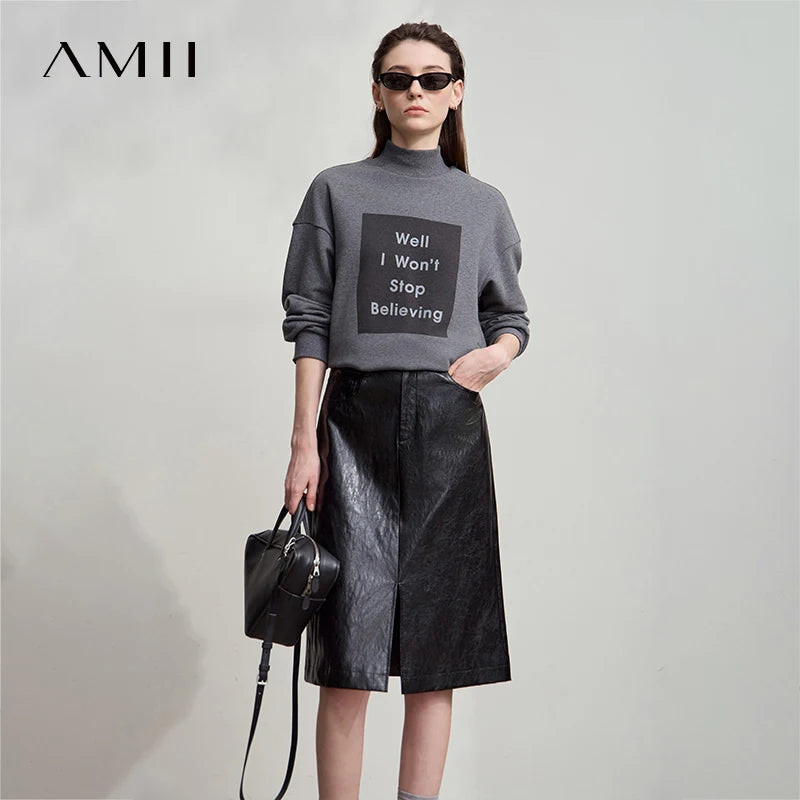 AMII Minimalist PU Leather Skirt for Women