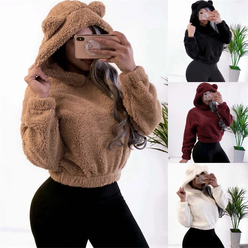 Winter Korean Fashion Bear Ears Cute Loose Hoodie Fluffy Hooded Warm Sweatshirt Long Sleeve Top Solid Pullover Clothes For Women
