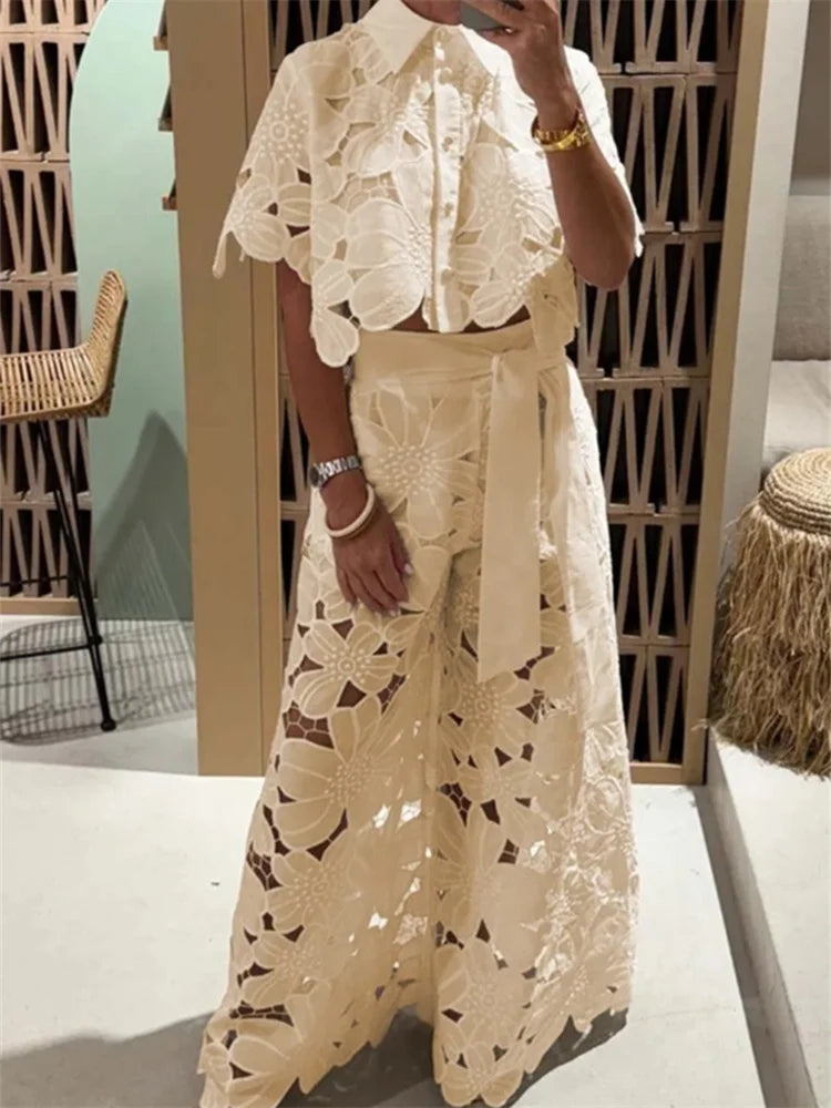 Wmstar Two Piece Set Women Hollow Out  Wide Leg Pants Sets Matching Casual Lace Suit Suits Wholesale Dropshipping New Style